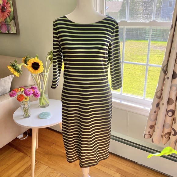 SAINT JAMES Propriano Green Navy Striped Dress 3/4 Sleeve Made in France US 8 - Picture 1 of 9
